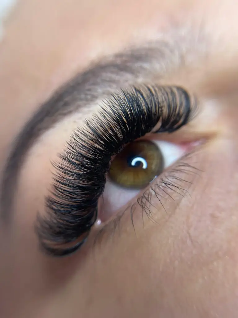 Detailed close-up of a woman's eye with styled eyelashes and groomed eyebrow.